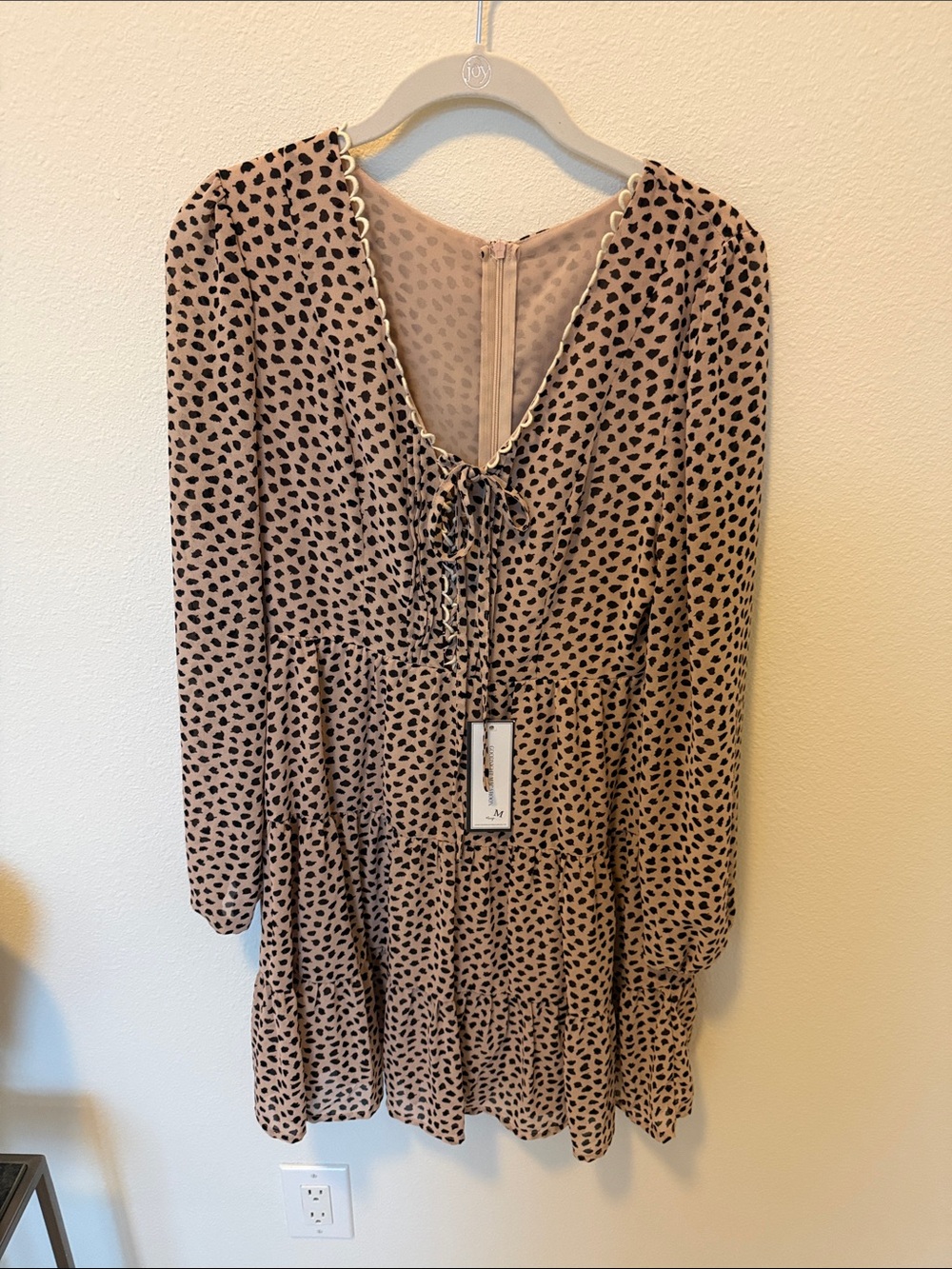 Goodnight Macaroon Taupe and Black Long-Sleeve Tiered V-Neck Animal Print Dress